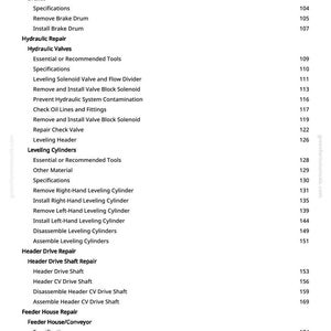 May include: A manual page showing a table of contents. Sections include brakes, hydraulic repair, leveling cylinders, and feeder house repair. Page numbers are listed alongside each section.