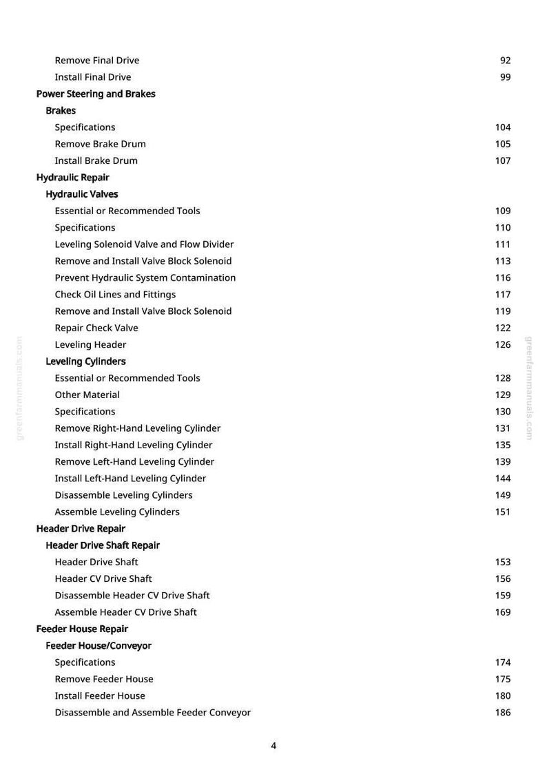 May include: A manual page showing a table of contents. Sections include brakes, hydraulic repair, leveling cylinders, and feeder house repair. Page numbers are listed alongside each section.