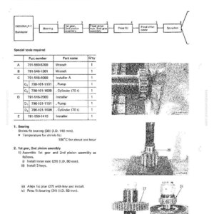 May include: Diagram of a final drive assembly, including a parts list with part numbers and names. The image shows various components like gears, bearings, and a cylinder, with measurements in millimeters and a temperature of 100&deg;C.