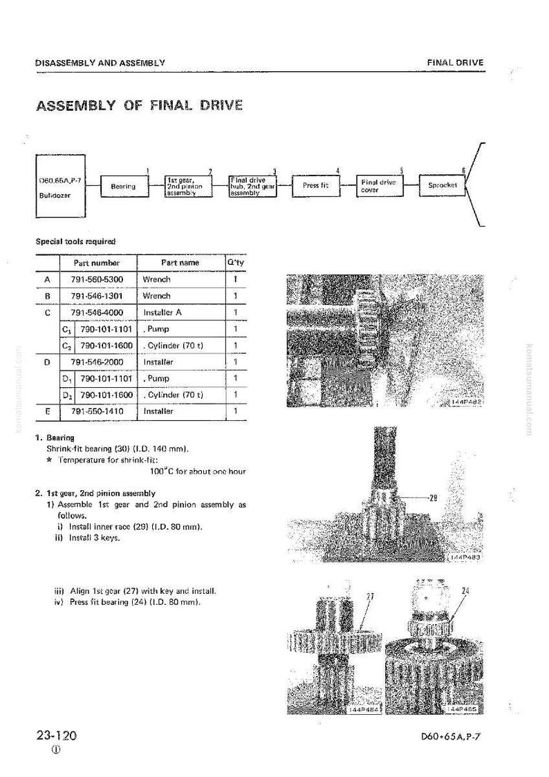 May include: Diagram of a final drive assembly, including a parts list with part numbers and names. The image shows various components like gears, bearings, and a cylinder, with measurements in millimeters and a temperature of 100&deg;C.