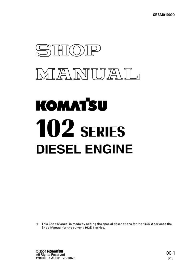 May include: A white shop manual with black text. The title reads "SHOP MANUAL" above "KOMATSU 102 SERIES DIESEL ENGINE." The manual is for the 102 series diesel engine. The manual is printed in Japan.