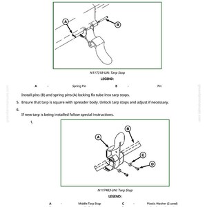 Puede incluir: Diagrama de instalaci&oacute;n de tope de lona con etiquetas A, B, C y D. Incluye texto: "Aseg&uacute;rese de que los pasadores de resorte est&eacute;n en el lado de los topes de lona que miran hacia la parte trasera del esparcidor." y "N117318-UN: Tope de lona" y "N117483-UN: Tope de lona".