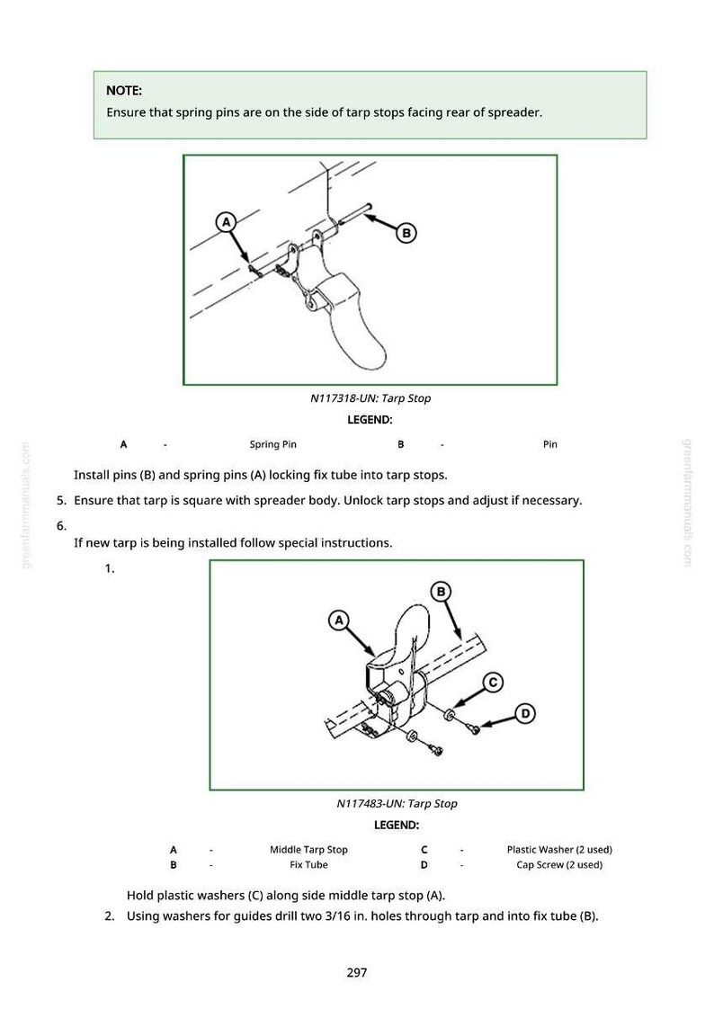 Puede incluir: Diagrama de instalaci&oacute;n de tope de lona con etiquetas A, B, C y D. Incluye texto: "Aseg&uacute;rese de que los pasadores de resorte est&eacute;n en el lado de los topes de lona que miran hacia la parte trasera del esparcidor." y "N117318-UN: Tope de lona" y "N117483-UN: Tope de lona".