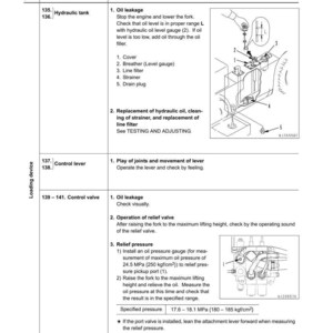 May include: Diagram of a hydraulic tank and control valve with inspection items and procedures. Includes illustrations of components and instructions for checking oil levels, leakage, and relief pressure. Measurements are in MPa and kgf/cm&sup2;.