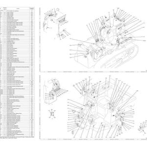 May include: A detailed technical diagram with multiple views of machinery components, including an exploded view and a parts list. The diagram is in black and white, with lines and labels indicating various parts and their connections.