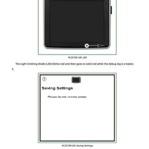 May include: Two images showing a black screen with the text "JOHN DEERE" and a screen displaying "Saving Settings". The first image shows the text "PC25195-UN: LED". The second image shows the text "PC25198-UN: Saving Settings".