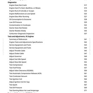 May include: A page from a manual with a detailed table of contents. The text lists various engine diagnostics, tests, and adjustments, including topics like oil pressure, ignition, and carburetor inspection. The page number is 9.
