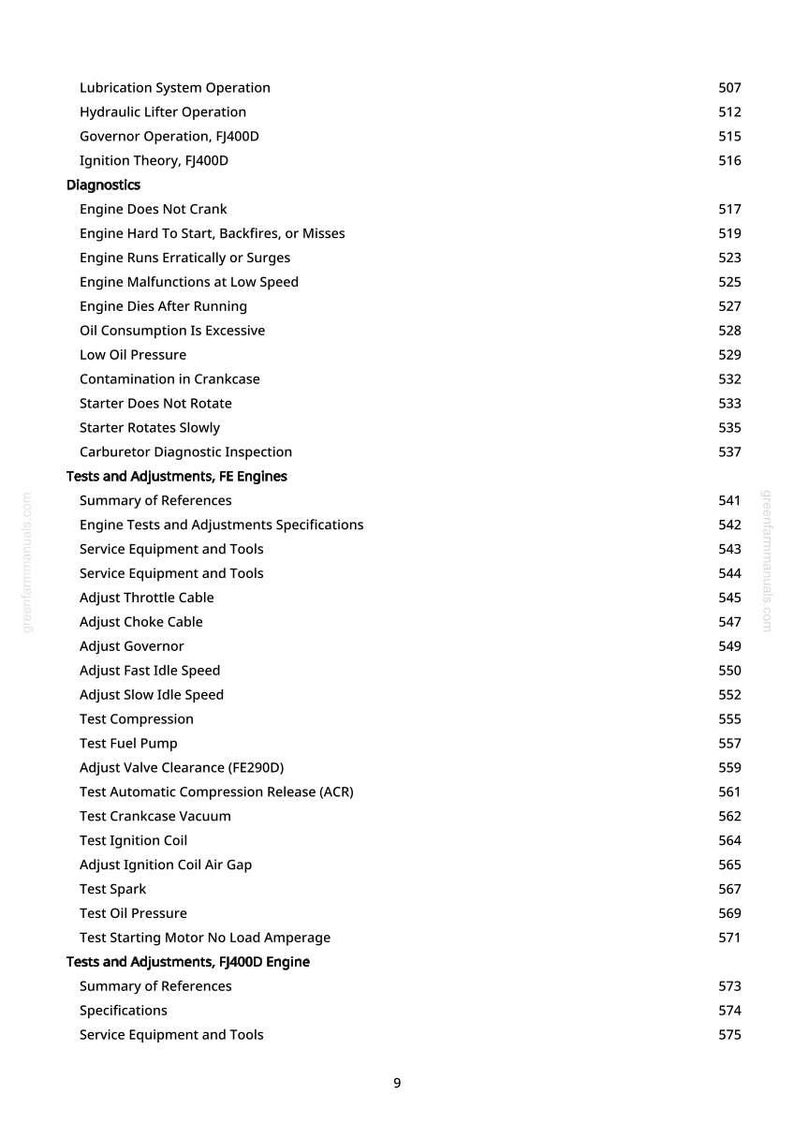 May include: A page from a manual with a detailed table of contents. The text lists various engine diagnostics, tests, and adjustments, including topics like oil pressure, ignition, and carburetor inspection. The page number is 9.