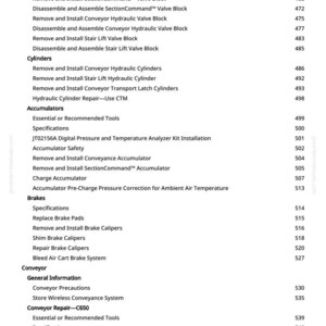 May include: A white page with a detailed table of contents, listing various mechanical repair procedures. The text includes titles such as "Accumulators," "Brakes," and "Conveyor Repair-C650," with corresponding page numbers.