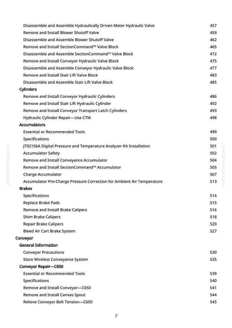 May include: A white page with a detailed table of contents, listing various mechanical repair procedures. The text includes titles such as "Accumulators," "Brakes," and "Conveyor Repair-C650," with corresponding page numbers.