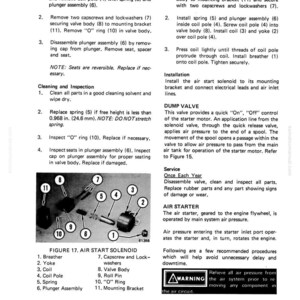 May include: Diagram of an air start solenoid with labeled parts, including breather, yoke, coil, and spring. The image also includes instructions for disassembly, reassembly, and service of the solenoid, with a warning about relieving air pressure.