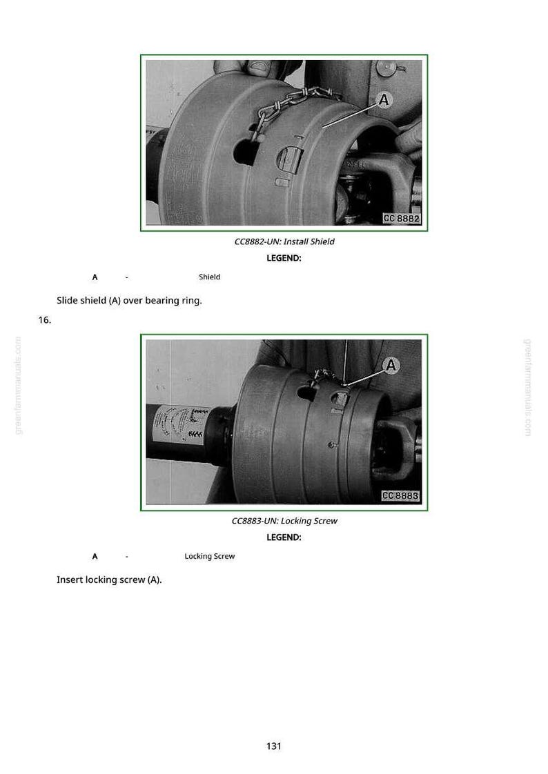 May include: Diagrams showing the installation of a shield and locking screw on a mechanical component. The images are in black and white and include labels and arrows for clarity.