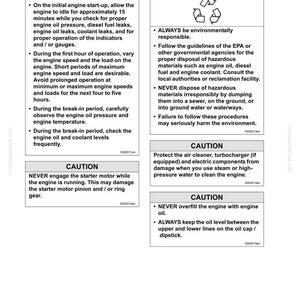 May include: A manual page with safety instructions. It features multiple "CAUTION" sections detailing engine break-in procedures, environmental responsibility, and maintenance advice. The text is in English, with metric measurements.