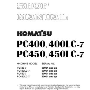 Puede incluir: Manual de taller para los modelos Komatsu PC400, 400LC-7, PC450 y 450LC-7. La portada presenta el logotipo de Komatsu y los n&uacute;meros de modelo en texto negro en negrita. El manual incluye informaci&oacute;n sobre el modelo de m&aacute;quina y el n&uacute;mero de serie.
