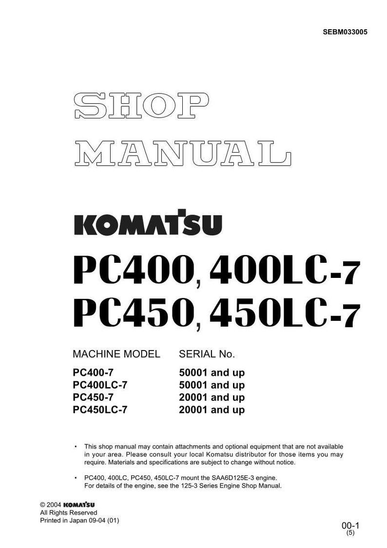 Puede incluir: Manual de taller para los modelos Komatsu PC400, 400LC-7, PC450 y 450LC-7. La portada presenta el logotipo de Komatsu y los n&uacute;meros de modelo en texto negro en negrita. El manual incluye informaci&oacute;n sobre el modelo de m&aacute;quina y el n&uacute;mero de serie.
