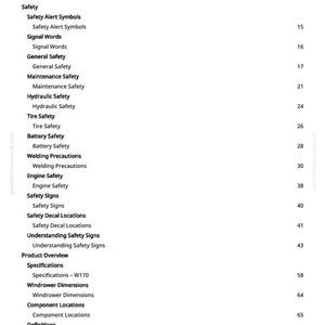 May include: A white page with a black Table of Contents for a manual. The table lists topics such as Safety, Hydraulic Safety, and Product Overview. Page numbers are listed on the right side.