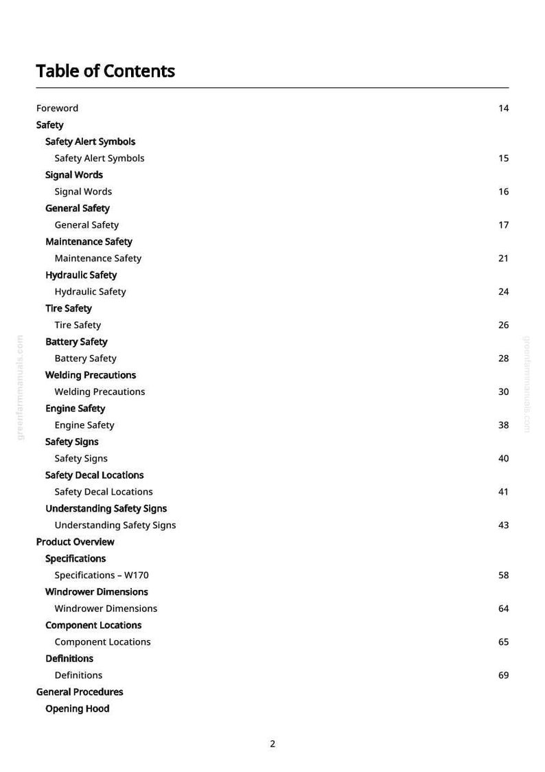 May include: A white page with a black Table of Contents for a manual. The table lists topics such as Safety, Hydraulic Safety, and Product Overview. Page numbers are listed on the right side.