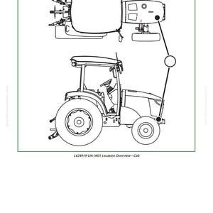 Peut inclure: Dessin au trait d'un tracteur, avec vues de dessus et de c&ocirc;t&eacute;. Le tracteur a de grandes roues arri&egrave;re et une cabine. Le texte "LV24919-UN: W01 Location Overview-Cab" est en bas.