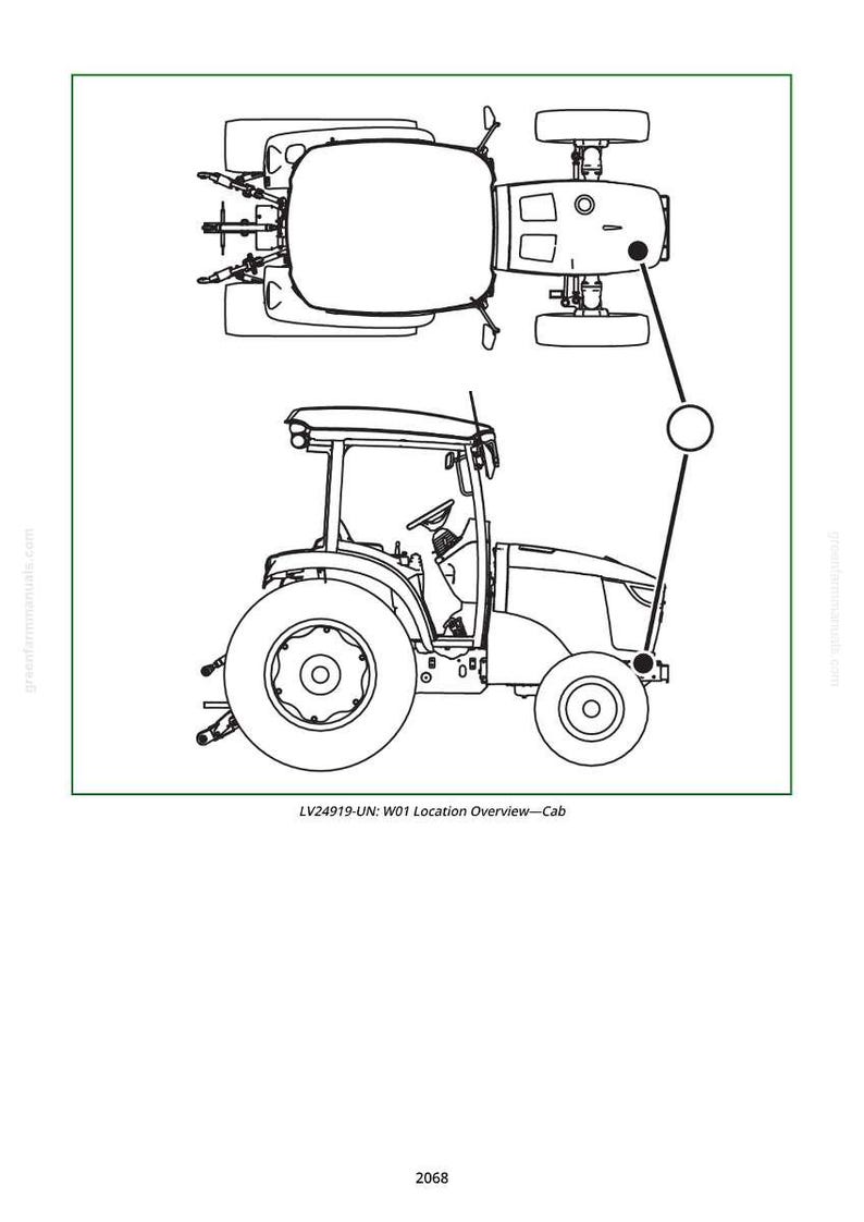 Peut inclure: Dessin au trait d'un tracteur, avec vues de dessus et de c&ocirc;t&eacute;. Le tracteur a de grandes roues arri&egrave;re et une cabine. Le texte "LV24919-UN: W01 Location Overview-Cab" est en bas.