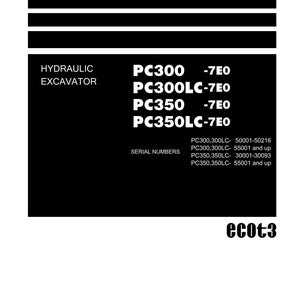 May include: A black and white shop manual cover with the text "Shop Manual" at the top. The manual is for a hydraulic excavator, with model numbers PC300, PC300LC, PC350, and PC350LC. The Komatsu logo is at the bottom.