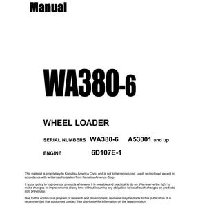 K&ouml;nnte beinhalten: Wei&szlig;es Werkstatthandbuch mit dem Text &bdquo;Shop Manual&ldquo; und der Modellnummer &bdquo;WA380-6&ldquo; in fetter schwarzer Schrift. Das Handbuch enth&auml;lt Spezifikationen f&uuml;r einen Radlader, einschlie&szlig;lich Motordetails. Copyright 2012 Komatsu.