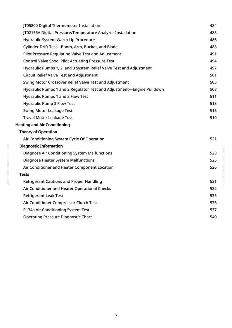 May include: A white page with a list of technical procedures and tests, including hydraulic systems, air conditioning, and diagnostic information. Page numbers are listed on the right side.