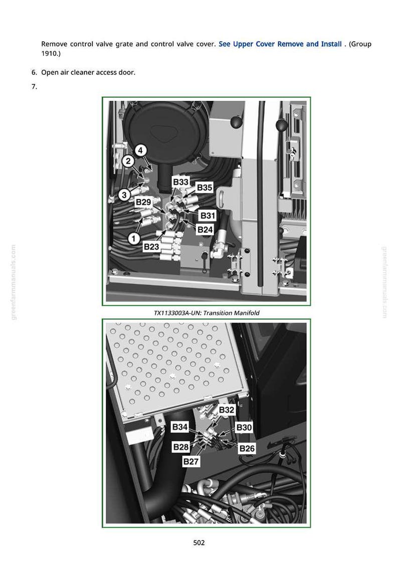 May include: Diagram of a machine's internal components, including a transition manifold and various valves labeled B23 through B35. The image is a technical illustration with labels and numbers for reference.