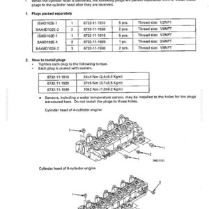 May include: Diagram of cylinder head packing and installation instructions. Includes a table with plug specifications, torque values in Newton-meters, and illustrations of 4 and 6-cylinder engine cylinder heads.