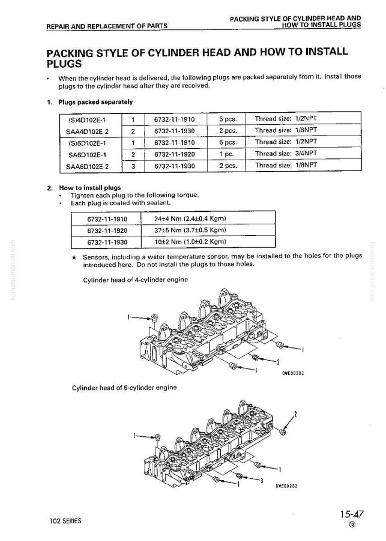 May include: Diagram of cylinder head packing and installation instructions. Includes a table with plug specifications, torque values in Newton-meters, and illustrations of 4 and 6-cylinder engine cylinder heads.