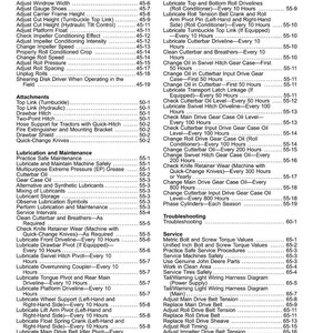 May include: A detailed table of contents from a manual, listing maintenance and service procedures for agricultural machinery. Includes topics like lubrication, adjustments, and troubleshooting, with page numbers.