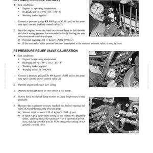 May include: A technical diagram in black and white, detailing hydraulic circuit testing and adjustment. The diagram includes text, gauges, and mechanical components, with measurements in kg/cm&sup2; and psi.