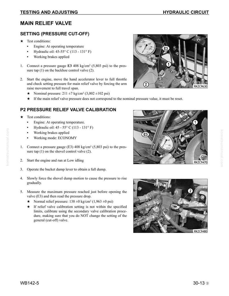 May include: A technical diagram in black and white, detailing hydraulic circuit testing and adjustment. The diagram includes text, gauges, and mechanical components, with measurements in kg/cm&sup2; and psi.