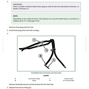 May include: Diagram illustrating the replacement of a fuel strainer and in-line check valve. The image includes a diagram of the fuel system components, with labels for the fuel strainer fitting, clamps, and in-line check valve. Text instructions are also included.