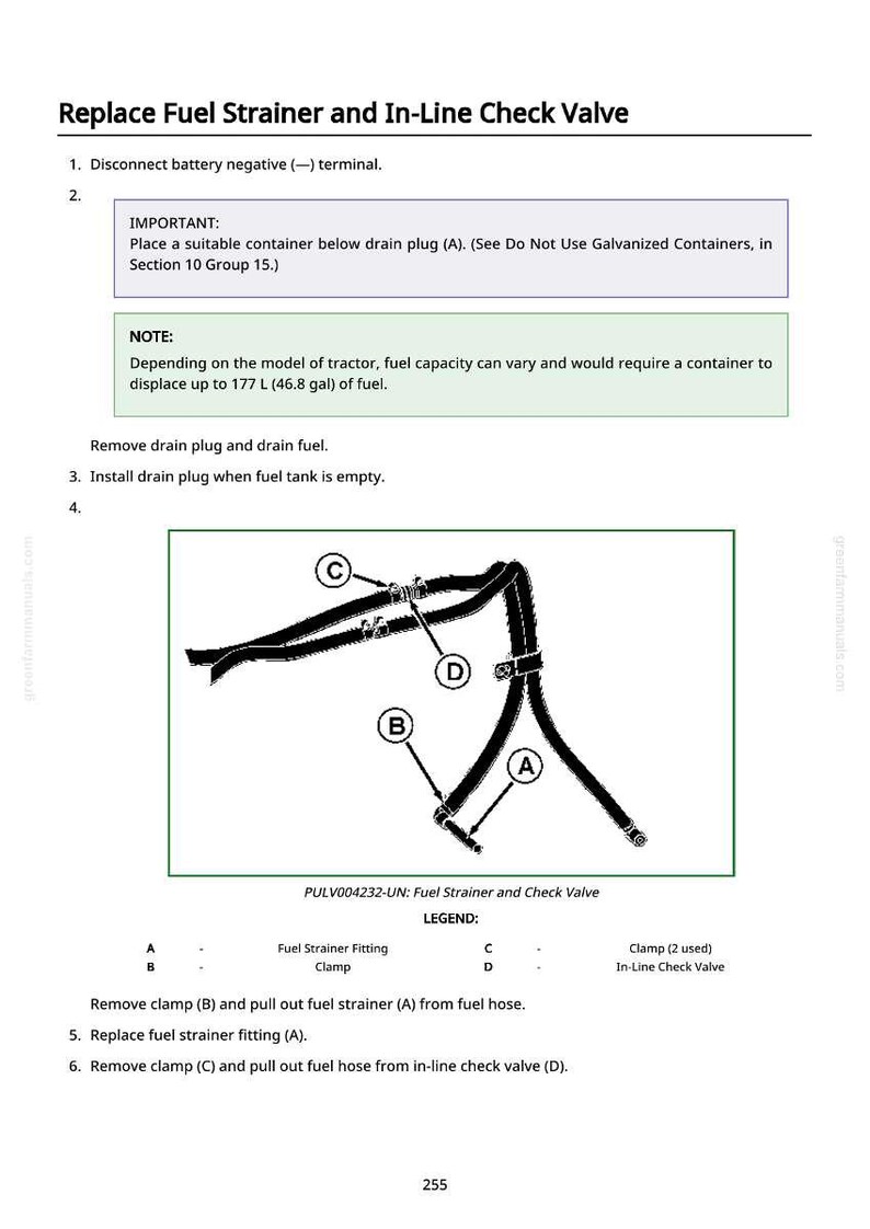 May include: Diagram illustrating the replacement of a fuel strainer and in-line check valve. The image includes a diagram of the fuel system components, with labels for the fuel strainer fitting, clamps, and in-line check valve. Text instructions are also included.