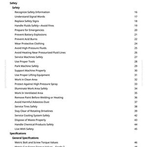May include: A white page titled "Table of Contents" from a manual. The text lists safety topics, including "Handle Fluids Safely," "Prevent Battery Explosions," and "Service Machines Safely." Page numbers are listed on the right.