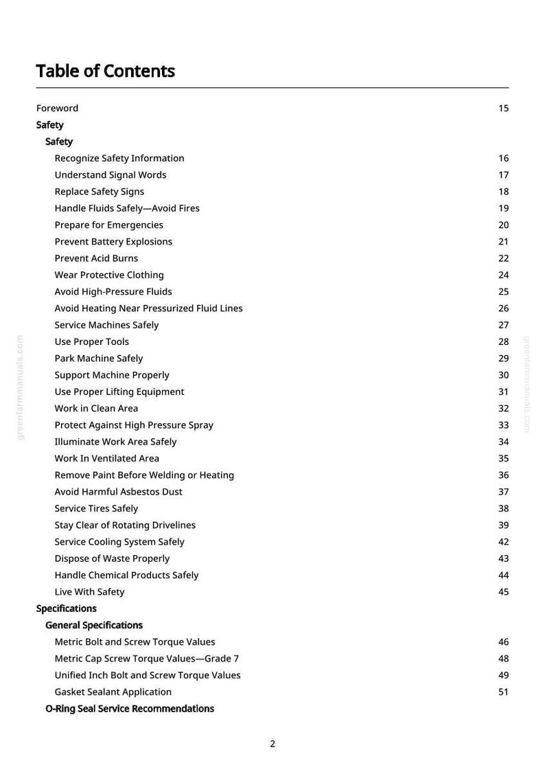 May include: A white page titled "Table of Contents" from a manual. The text lists safety topics, including "Handle Fluids Safely," "Prevent Battery Explosions," and "Service Machines Safely." Page numbers are listed on the right.