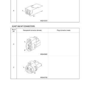 Puede incluir: Diagrama de conectores KET 090 y KET 090 WP. La imagen muestra conectores hembra (recept&aacute;culos) y conectores macho (enchufes). El conector KET 090 tiene 6 pines, mientras que los conectores KET 090 WP tienen 2 pines. Incluye n&uacute;meros de pieza.