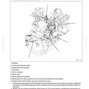 May include: Detailed diagram of an engine's internal components, labeled with numbers and names. The image includes text that reads "KCCV layout drawing" and lists parts such as the breather, crankcase pressure sensor, and turbocharger.