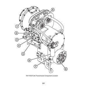 May include: Line drawing of a transmission component assembly, labeled with numbers 1 through 9. The assembly includes various mechanical parts, such as gears, housings, and connecting elements. The text "YN1170727" is visible.