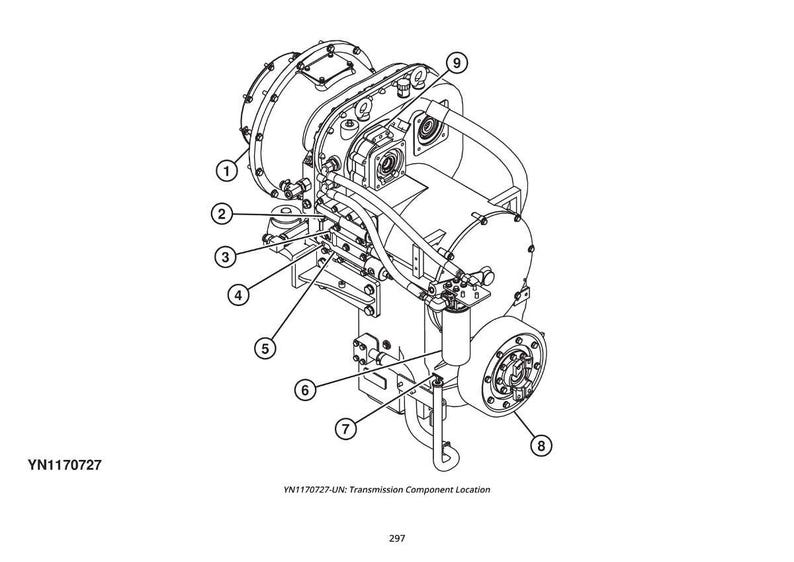 May include: Line drawing of a transmission component assembly, labeled with numbers 1 through 9. The assembly includes various mechanical parts, such as gears, housings, and connecting elements. The text "YN1170727" is visible.
