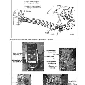 May include: Technical diagram of a multi-coupler for a Farmer 300C, showing hydraulic system schematics and component labels. Features close-up views of parts and connections, with measurements and part numbers.