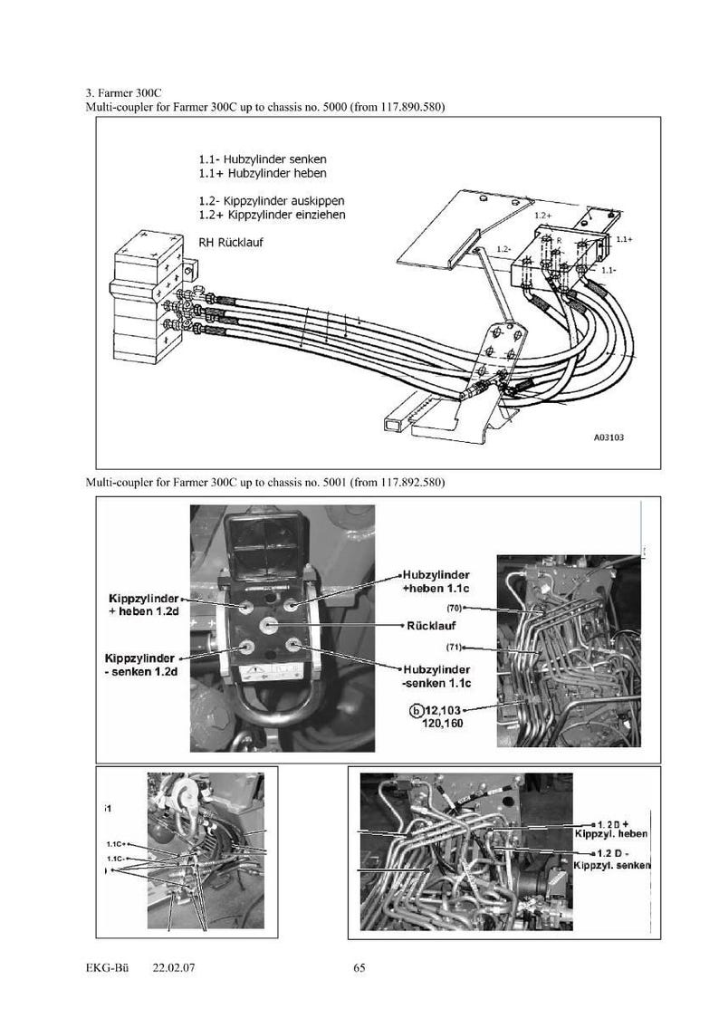 May include: Technical diagram of a multi-coupler for a Farmer 300C, showing hydraulic system schematics and component labels. Features close-up views of parts and connections, with measurements and part numbers.