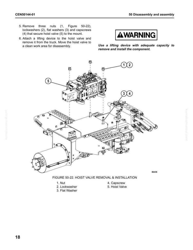 May include: An engineering diagram shows the disassembly and assembly of a hoist valve. The diagram includes labels for nuts, lockwashers, flat washers, capscrews, and the hoist valve itself. A warning message is also present.
