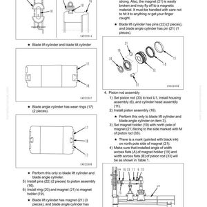 May include: Diagram of a hydraulic system's disassembly and assembly, including blade lift cylinders, piston rod assembly, and magnet holders. The image includes detailed illustrations with part numbers and instructions for maintenance.