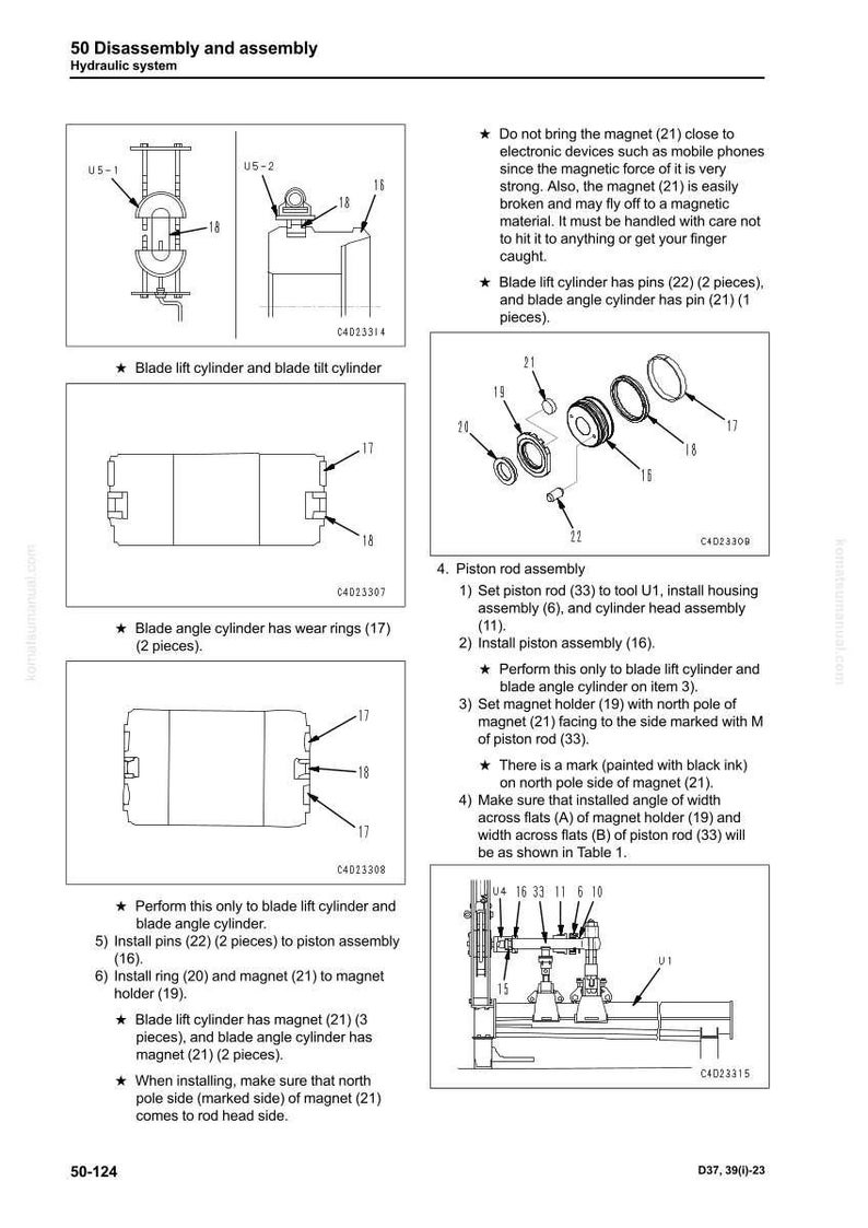 May include: Diagram of a hydraulic system's disassembly and assembly, including blade lift cylinders, piston rod assembly, and magnet holders. The image includes detailed illustrations with part numbers and instructions for maintenance.