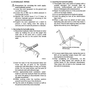 Puede incluir: P&aacute;gina de un manual con instrucciones sobre tuber&iacute;as hidr&aacute;ulicas. Detalla los procedimientos para quitar e instalar tubos, incluyendo diagramas. El texto cubre precauciones de seguridad y pasos de mantenimiento para el sistema hidr&aacute;ulico.
