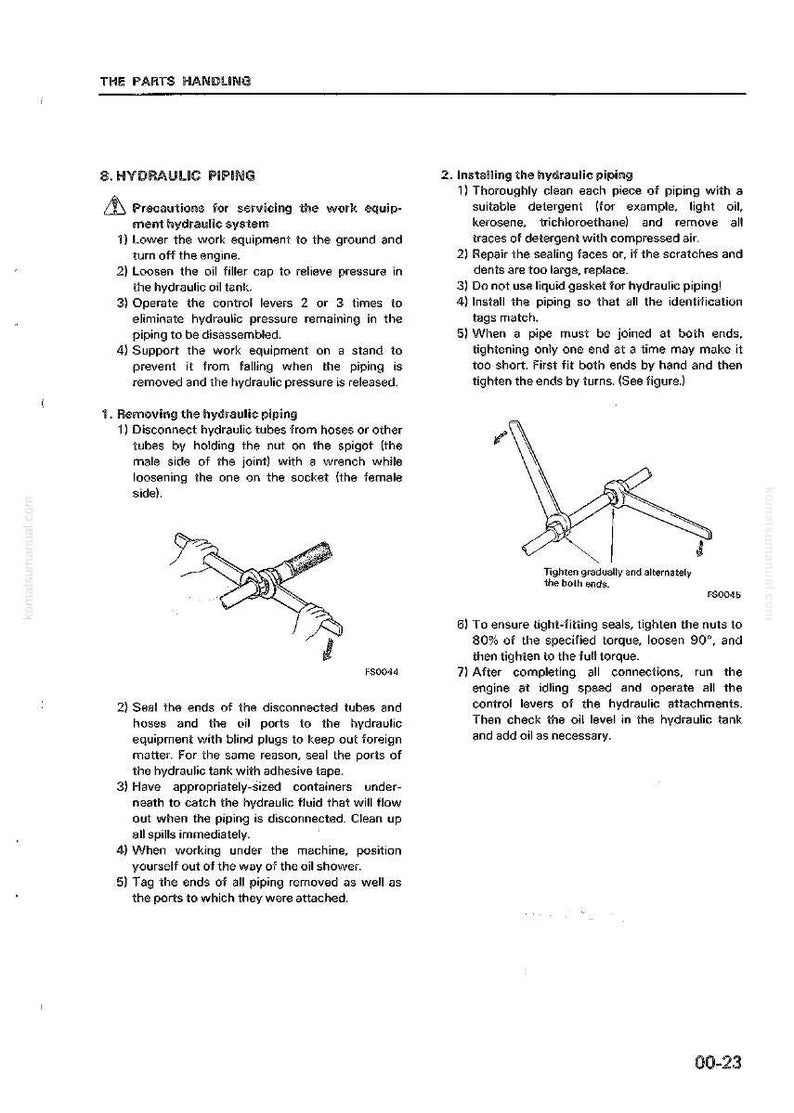 Puede incluir: P&aacute;gina de un manual con instrucciones sobre tuber&iacute;as hidr&aacute;ulicas. Detalla los procedimientos para quitar e instalar tubos, incluyendo diagramas. El texto cubre precauciones de seguridad y pasos de mantenimiento para el sistema hidr&aacute;ulico.