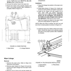 May include: Diagram showing wiper linkage installation instructions with figures and part numbers. Steps include placing parts, tightening nuts to specified inch-pound torque, and checking operation. Includes figures 3-3 and 3-4.