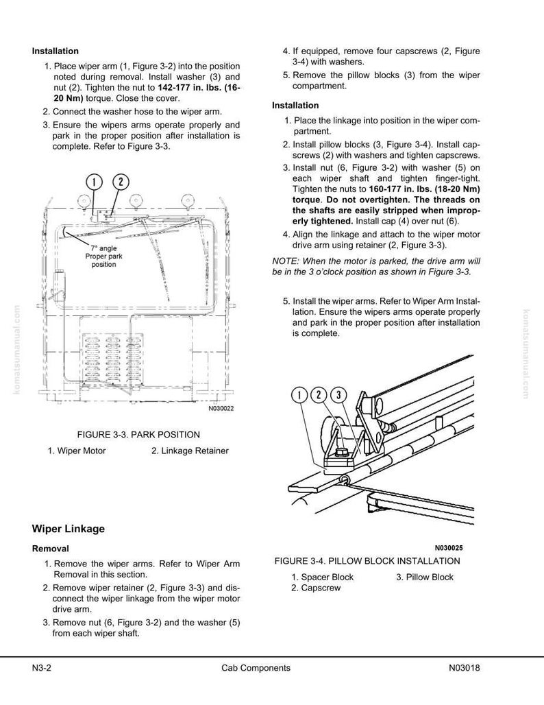 May include: Diagram showing wiper linkage installation instructions with figures and part numbers. Steps include placing parts, tightening nuts to specified inch-pound torque, and checking operation. Includes figures 3-3 and 3-4.