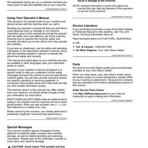 May include: A page from a John Deere operator's manual, titled "Introduction." The text discusses product purchase, manual use, service literature, and safety messages. The page includes a caution symbol and contact details.